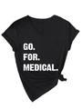 Close-up of black V-neck T-shirt featuring a GO FOR MEDICAL slogan and side-tie hem detail - S / Black (White Print)