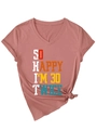 Detail of V-neck dusty pink shirt with 'So Happy I'm 30 Twice' print and side knot - S / Rose Gold
