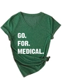 Detail of V-neck dark green t-shirt with GO FOR MEDICAL print and knotted hem - S / Vintage Green (White Print)