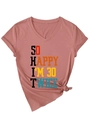 Detail of V-neck T-shirt with humorous 60th birthday quote and stylish knot hem design - S / Rose Gold (Black Print)