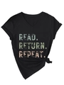 Detail of V-neck cotton T-shirt with Read Return Repeat print and knotted hem design - Black