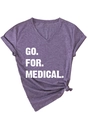Detail showing the white 'GO. FOR. MEDICAL.' print and front knot on the purple V-neck T-shirt - S / Purple (White Print)
