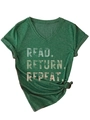 Detail of heather green V-neck T-shirt featuring side knot and READ RETURN REPEAT print - Vintage Green