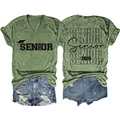Ensemble t-shirt col V vert chiné et short en jean pour femme imprimé Senior 2026 - Vert Olive (Police Noire)