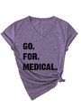 Close-up of heather purple V-neck T-shirt with GO FOR MEDICAL print and side knot detail - S / Purple (Black Print)
