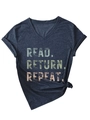 Detail of V-neck T-shirt with Read Return Repeat print and decorative side knot design - Navy Blue