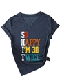 Detail of V-neck heather navy tee with SO HAPPY I'M 30 TWICE print and side knot - S / Navy Blue