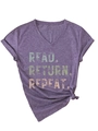 Detail of V-neck purple T-shirt with 'READ. RETURN. REPEAT.' print and stylish knotted hem - Purple