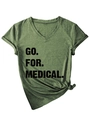 Detail of green V-neck T-shirt with GO FOR MEDICAL print and front hem knot design - S / Olive Green (Black Print)