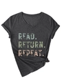 Detail of grey V-neck T-shirt with Read Return Repeat letter print and side knot design - Black Heather Grey