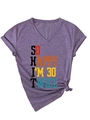Close-up of heather purple V-neck t-shirt featuring 60th birthday graphic print and front knot - S / Purple (Black Print)