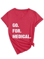 Detail of red V-neck T-shirt with GO FOR MEDICAL text and decorative side knot - S / Red (White Print)