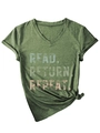 Close-up of olive green V-neck T-shirt featuring Read Return Repeat text and side knot - Olive Green