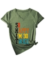 Detail of army green V-neck tee with 'SO HAPPY I'M 30 TWICE' humorous text print - S / Olive Green
