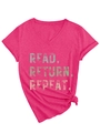Detail of V-neck T-shirt in rose red with Read Return Repeat print and side knot - Rose Red