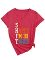 Detail of red V-neck T-shirt with So Happy I'm 30 Twice slogan and stylish side knot design - S / Red