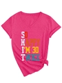 Close-up of rose pink V-neck T-shirt with So Happy I'm 30 Twice slogan and side knot - S / Rose Red