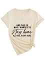 Detail of V-neck cotton T-shirt with black slogan print and stylish side-knot hem - S / Sand
