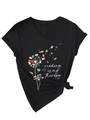 Détail du t-shirt noir à col en V avec imprimé pissenlit-livre et ourlet noué élégant - S / Style d'impression régulier (3812) / Noir