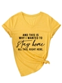 Detail of mustard yellow V-neck tee with black text print and stylish knotted hem - S / Yellow