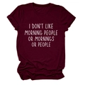 Detail of burgundy t-shirt with I Don't Like Morning slogan and folded cuffs on white background - Wine Red (White Font)