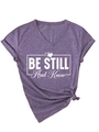 Detail of V-neck heather purple t-shirt featuring Be Still and Know graphic print - Purple (White Font)