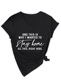 Detail of black V-neck t-shirt featuring a white text print and a trendy knotted hem detail - Black