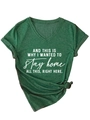 Detail of dark green V-neck T-shirt with twisted hem knot and white letter print - Dark Green
