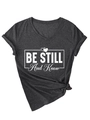 Detail of V-neck grey tee with Be Still And Know graphic and side knot design - Heater Grey (White Font)