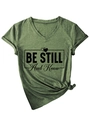 Detail of army green V-neck T-shirt showing knotted hem and 'BE STILL And Know' print - Olive Green (Black Font)