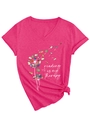 Détail du t-shirt col V magenta avec imprimé livres pissenlit et nœud à l'ourlet - S / Style d'impression régulier (3812) / Rose rouge