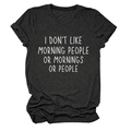 Detailed flat lay of dark grey cotton t-shirt with I DON'T LIKE MORNING slogan print - Heather Gray (White Font)