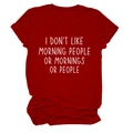 Detail of red crew neck t-shirt featuring I DON'T LIKE MORNING PEOPLE white slogan print - Red (White Font)