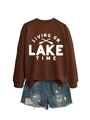 Brown sweatshirt with Living on Lake Time print paired with distressed denim shorts - Coffee Sweatshirt (White Font)