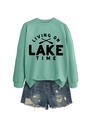 Detail view of mint green sweatshirt featuring Lake Time print and oars on white background - Light Green Sweatshirt (Black Font)