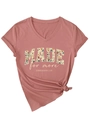 Detail of V-neck T-shirt showing Made for More floral text print and cuffed sleeves - S / Rose Gold