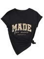Detail of V-neck T-shirt with MADE FOR MORE floral print and stylish front knot hem - S / Black