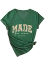 Detail of V-neck dark green T-shirt featuring MADE for more floral print and side knot - S / Vintage Green