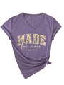Detail of purple V-neck T-shirt featuring flower letters and side knot styling - S / Purple