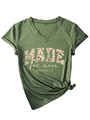 Detail of V-neck T-shirt in dark green with floral MADE for more print and a stylish side knot - S / Olive Green
