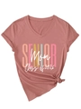 Close-up of V-neck dusty pink t-shirt with Senior Mom Class of 2026 colorful print - S / Rose Gold (White Print)