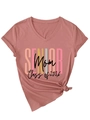 Detail of V-neck T-shirt showing Senior Mom Class of 2026 print and stylish side knot - S / Rose Gold (Black Print)