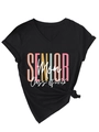 Detail of V-neck T-shirt featuring Senior Mom Class of 2026 print and trendy hem knot - S / Black
