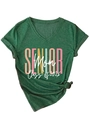 Detail of V-neck dark green Senior Mom Class of 2026 T-shirt with a decorative side knot - S / Vintage Green