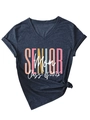 Detail of V-neck T-shirt with Senior Mom Class of 2026 print on dark heather grey fabric - S / Navy Blue