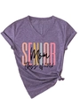 Detail of V-neck purple heather T-shirt featuring Senior Mom Class of 2026 graphic print - S / Purple (Black Print)
