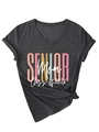 Detail of Charcoal Grey V-neck T-shirt with Senior Mom Class of 2026 print and side knot - S / Black Heather Grey