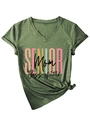 Detail of V-neck dark green cotton t-shirt with Senior Mom Class of 2026 print and side knot - S / Olive Green