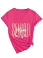 Detail of V-neck fuchsia t-shirt with Class of 2026 print and front knot hem design - S / Rose Red