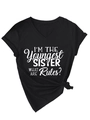 Detail view of the V-neck cotton T-shirt with side knot and slogan print - Black (White Font)